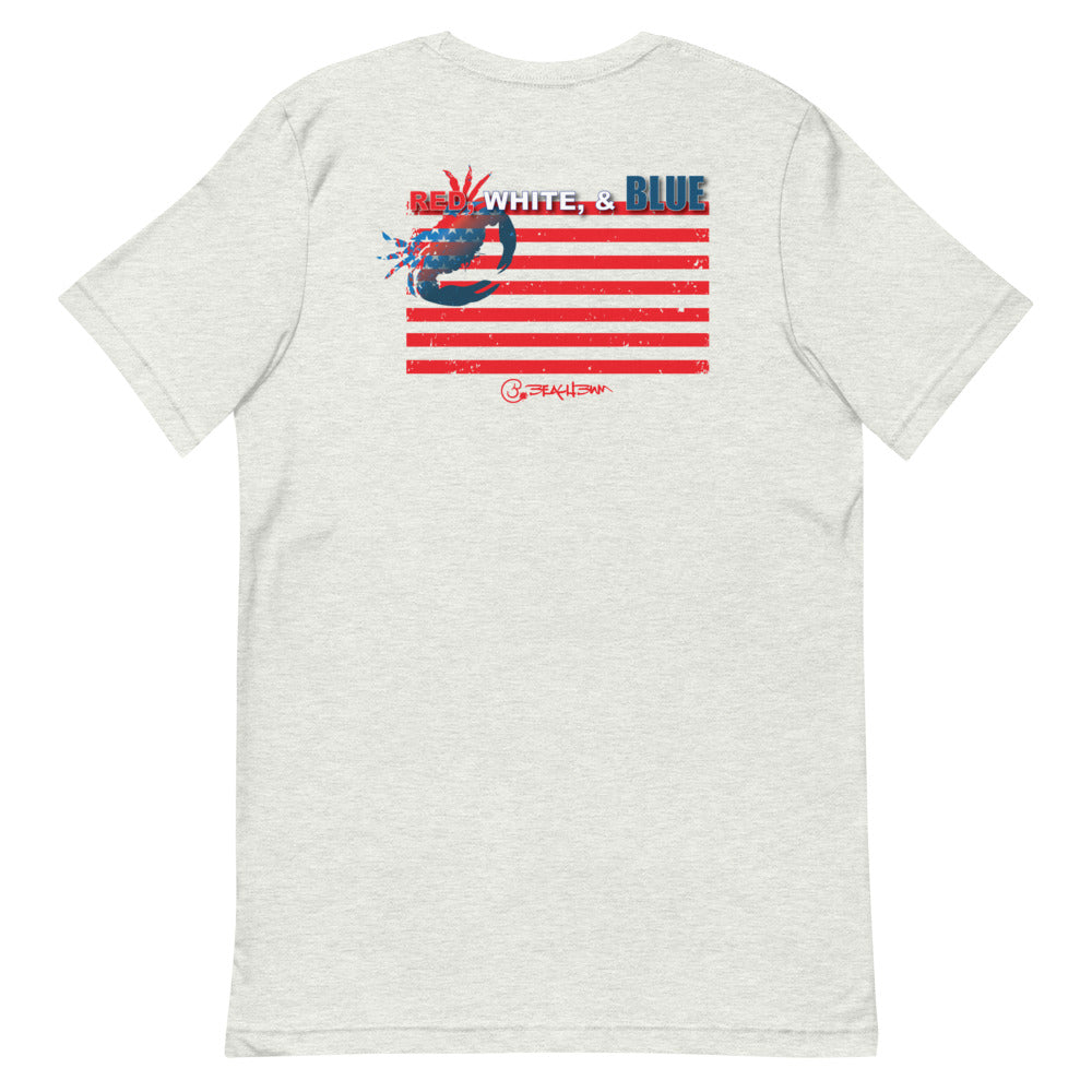 Official Beach Bum Short-Sleeve Unisex T-Shirt- Red, White, and Blue Crab (Art on Back)
