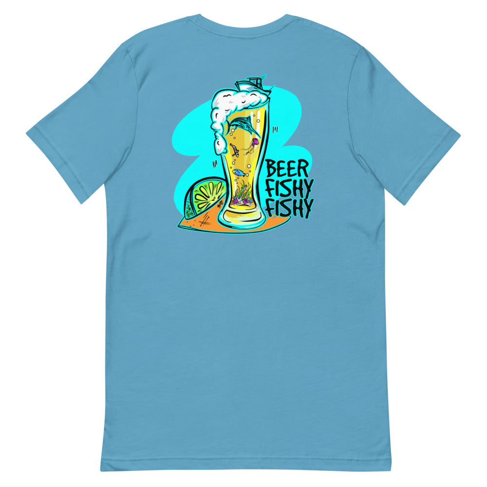 Official Beach Bum Short-Sleeve Unisex T-Shirt- Beer Fishy Fishy (Art on Back)