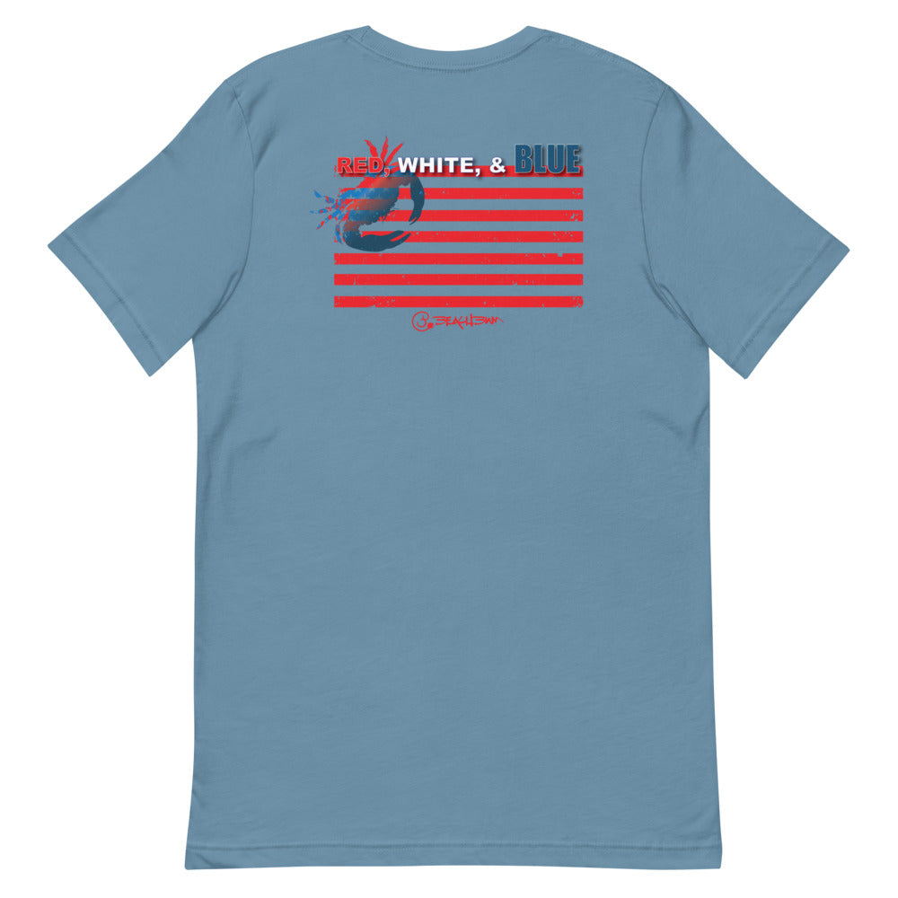 Official Beach Bum Short-Sleeve Unisex T-Shirt- Red, White, and Blue Crab (Art on Back)