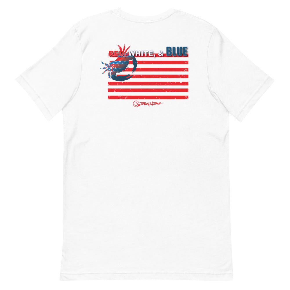 Official Beach Bum Short-Sleeve Unisex T-Shirt- Red, White, and Blue Crab (Art on Back)